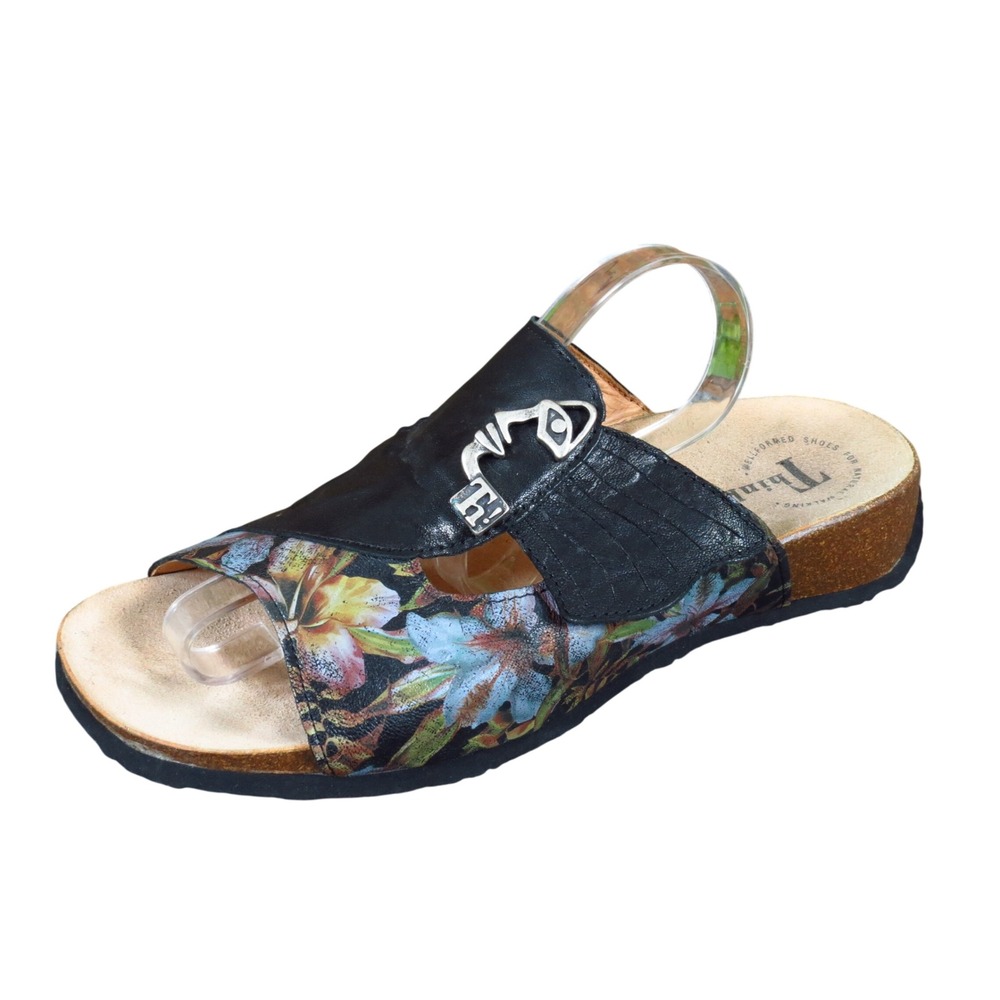 Think! Mizzi Face Womens Slide Sandals Size 41 Walking Floral Black Leather